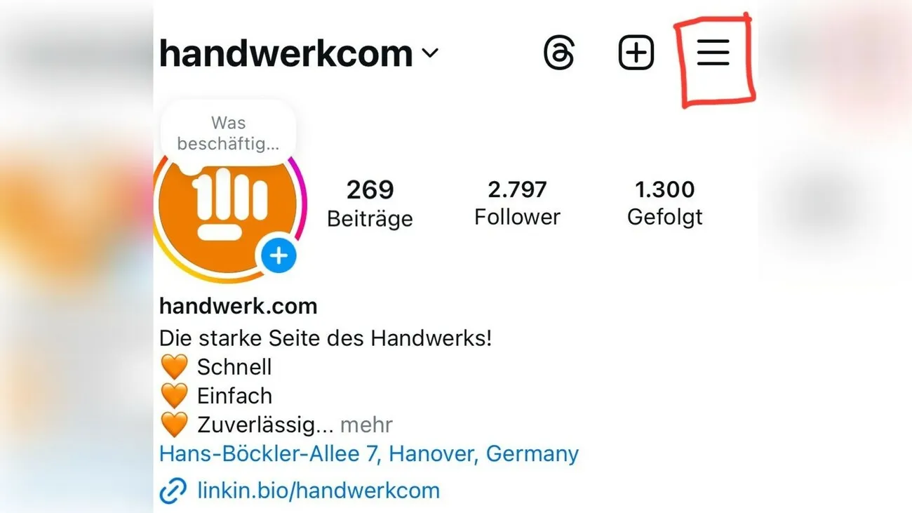 Ansicht der Instagramprofils von handwerkcom. Die drei Striche oben rechts sind mit einem roten Kosten umrandet.